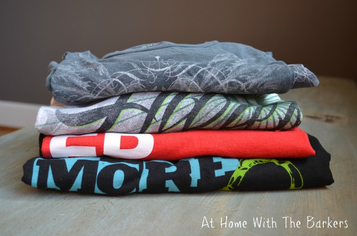 Boys tshirts stacked up for fun craft project.