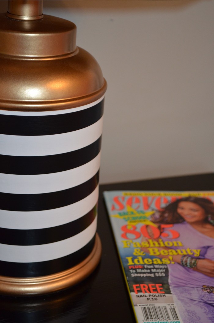 Thrift Store Lamp Makeover using gift wrap and spray paint and mod podge