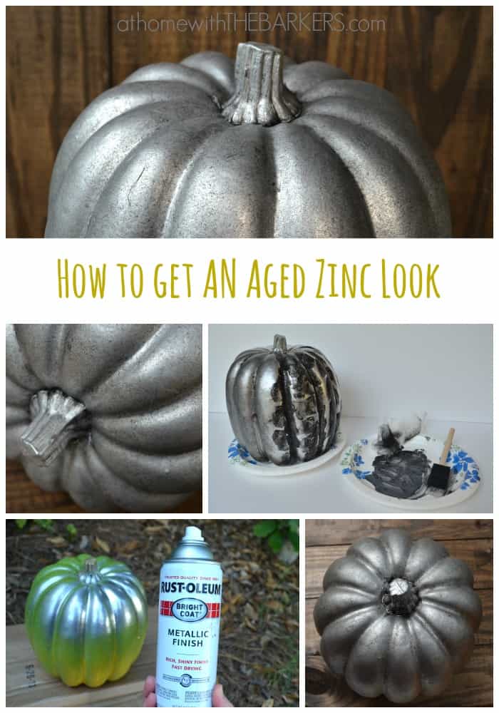 Plastic pumpkin before, during and after faux aged zinc paint technique