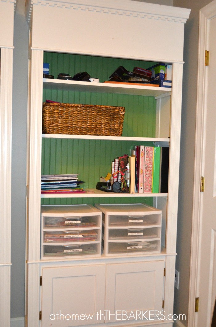 Craft Room Bookshelf with paper