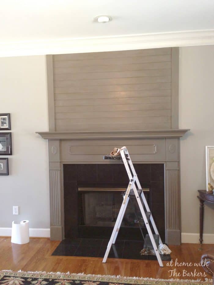 Wood Plank Mantel Makeover by At Home with The Barkers #woodplanks #diy #mantel