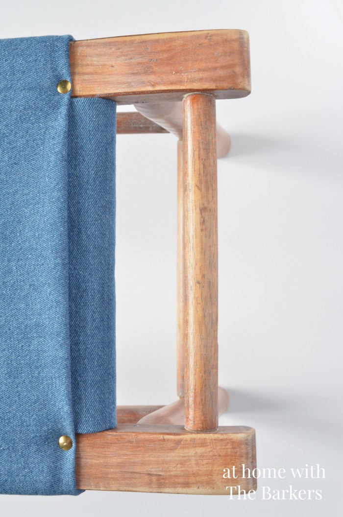 Vintage Wood Stool Makeover-Denim and Gold Thumbtacks