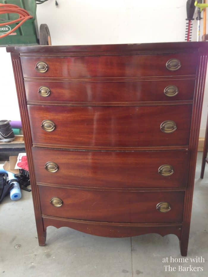 Antique high boy chest of drawers before sanding.