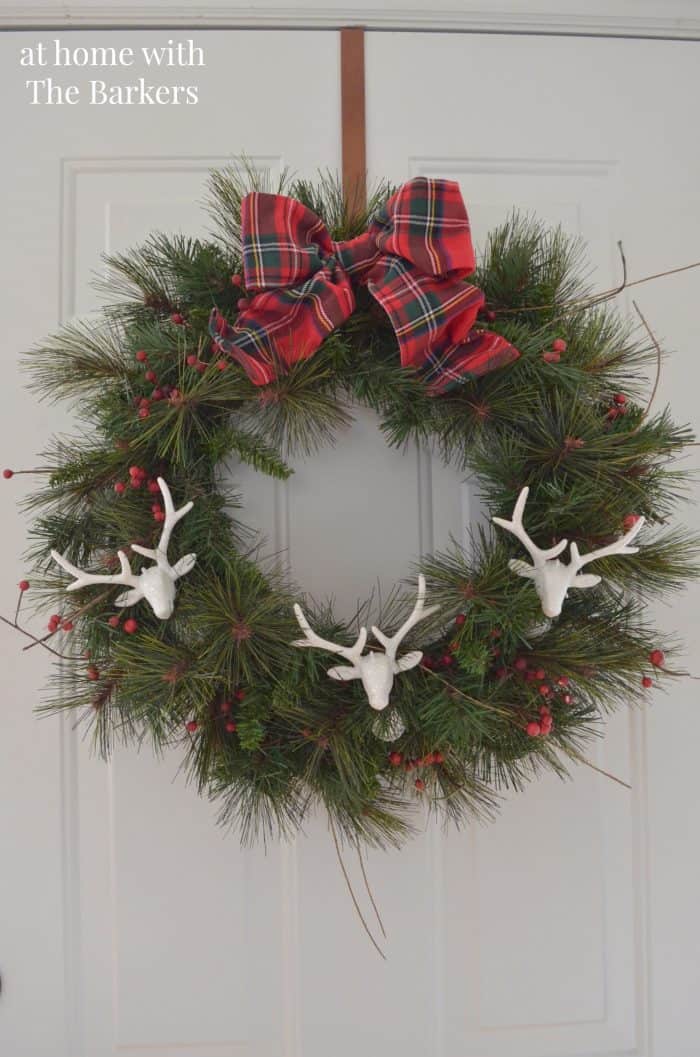 Christmas Wreath using deer head ornaments. athomewiththebarkers.com