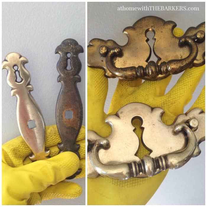 The before and after of cleaning brass hardware with vinegar