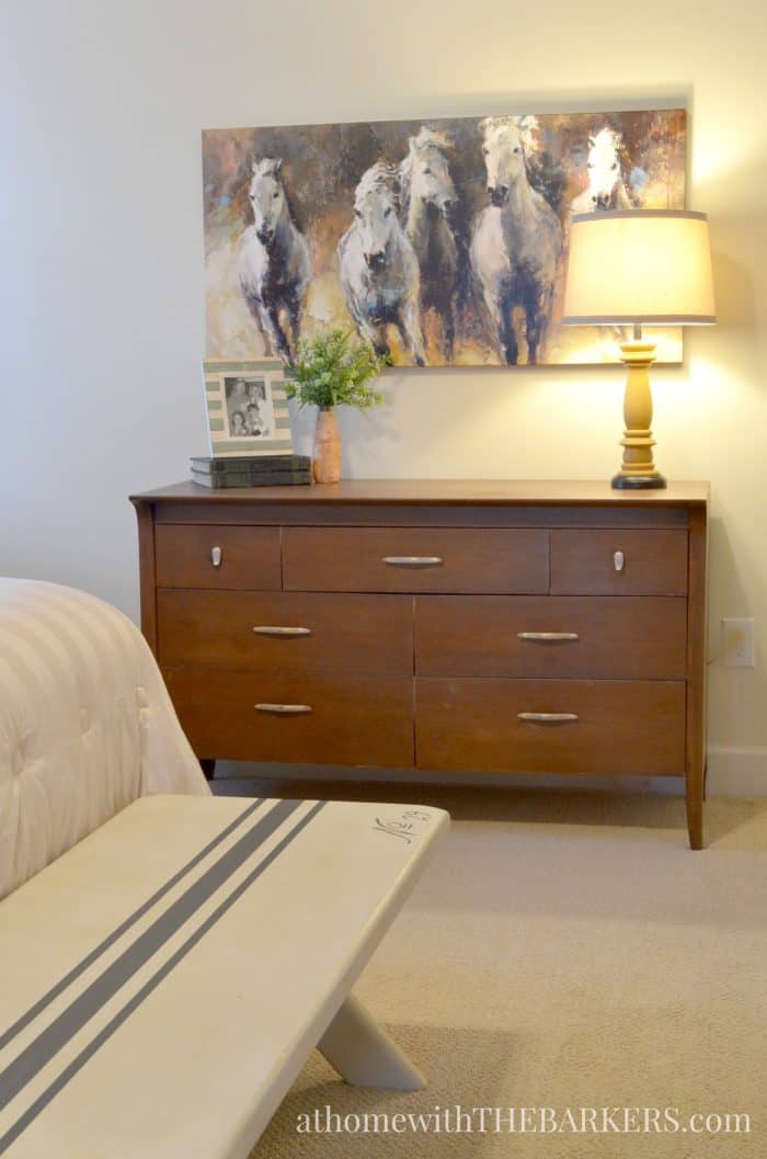 Master bedroom makeover update using a thrift store dresser and rustic style