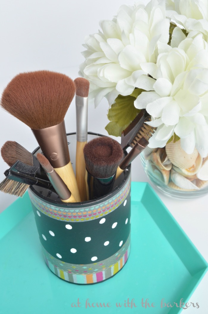 DIY Makeup Brush Holder with washi tape and sharpie