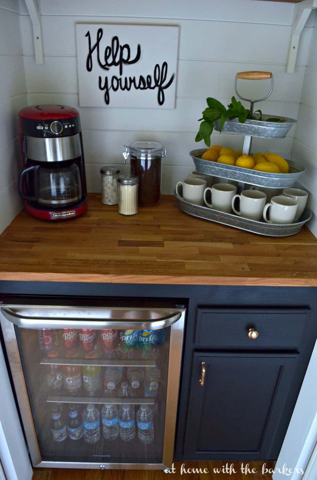 DIY Beverage Bar made with stock cabinets chalky finish paint and butcher block 1100x1661
