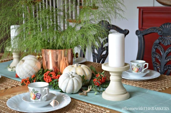 Fall Center piece with painted pumpkins from At Home with The Barkers