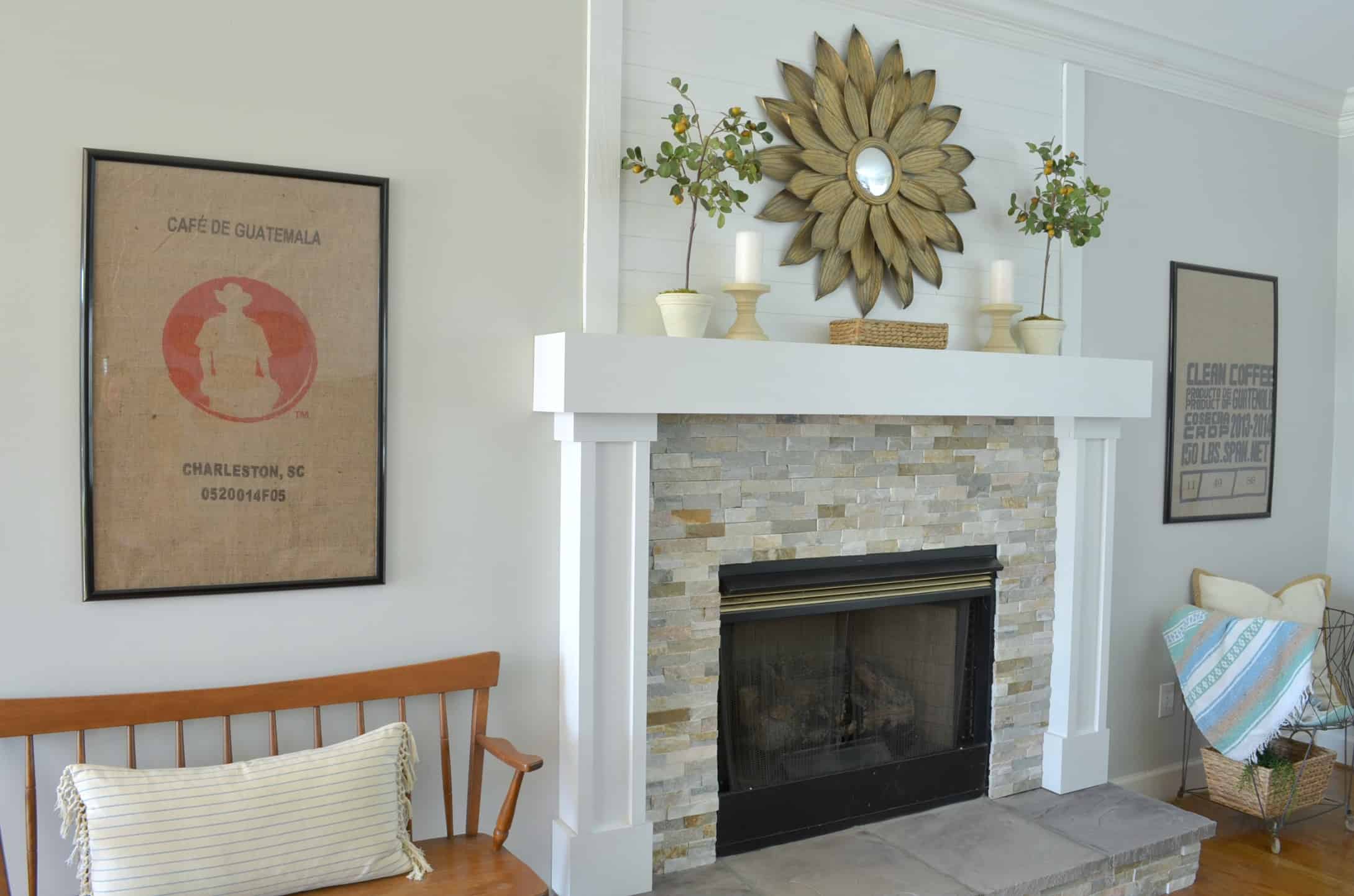 This DIY fireplace makeover includes new stone tile