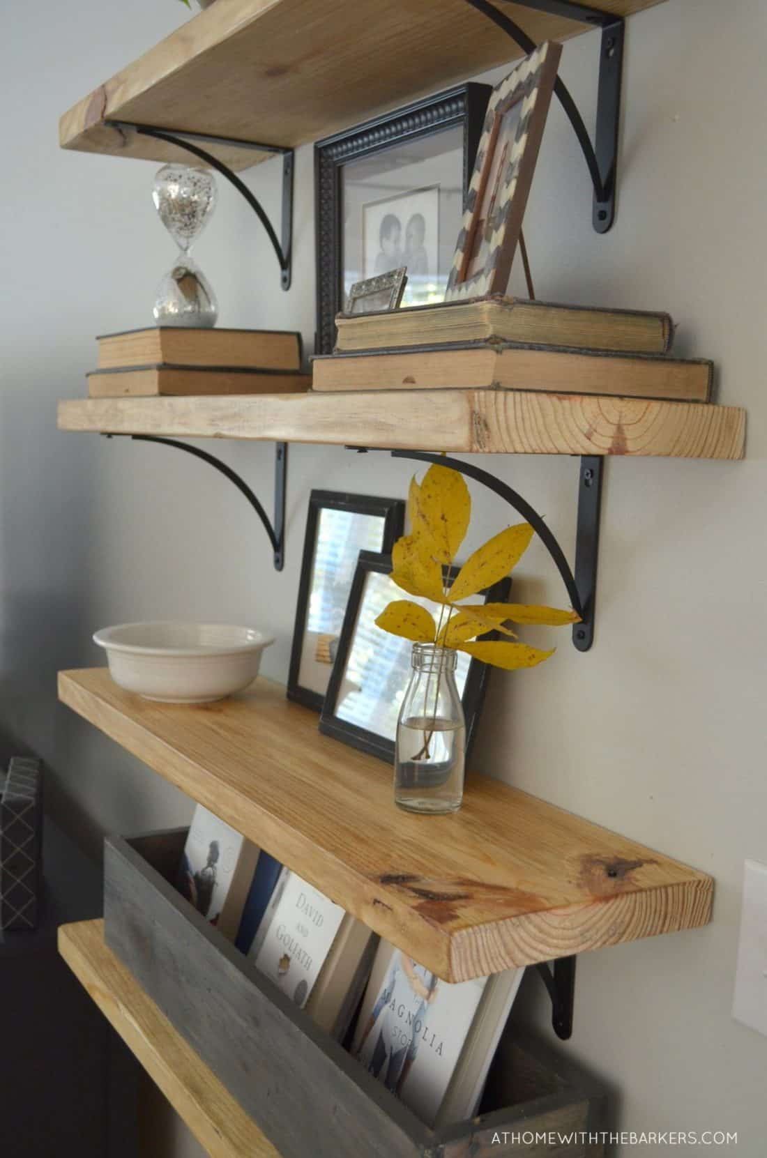 DIY Rustic Wood Shelves for family room makeover