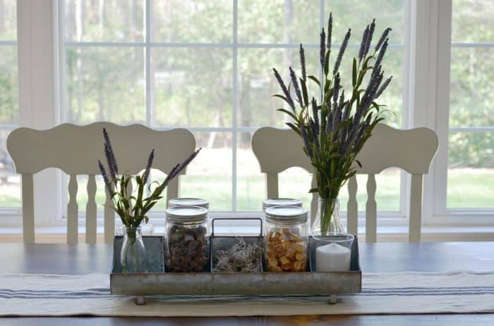 Farmhouse Tray Decor on center of kitchen table 