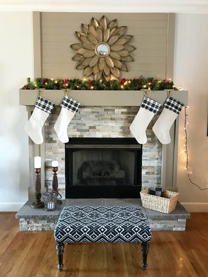 Simple Christmas Mantel adding small touches of red