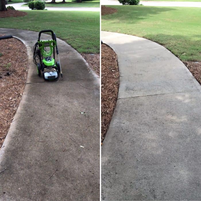 Greenworks pressure washing sidewalk before and after