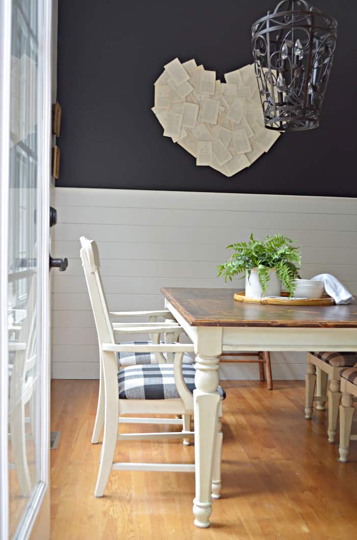 kitchen painted black walls  in eggshell sheen and white shiplap in semi gloss finish