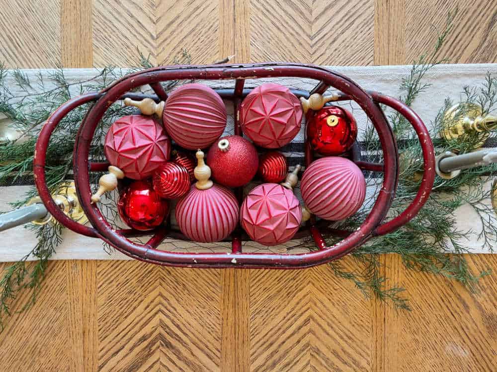 Vintage basket and Christmas ornaments