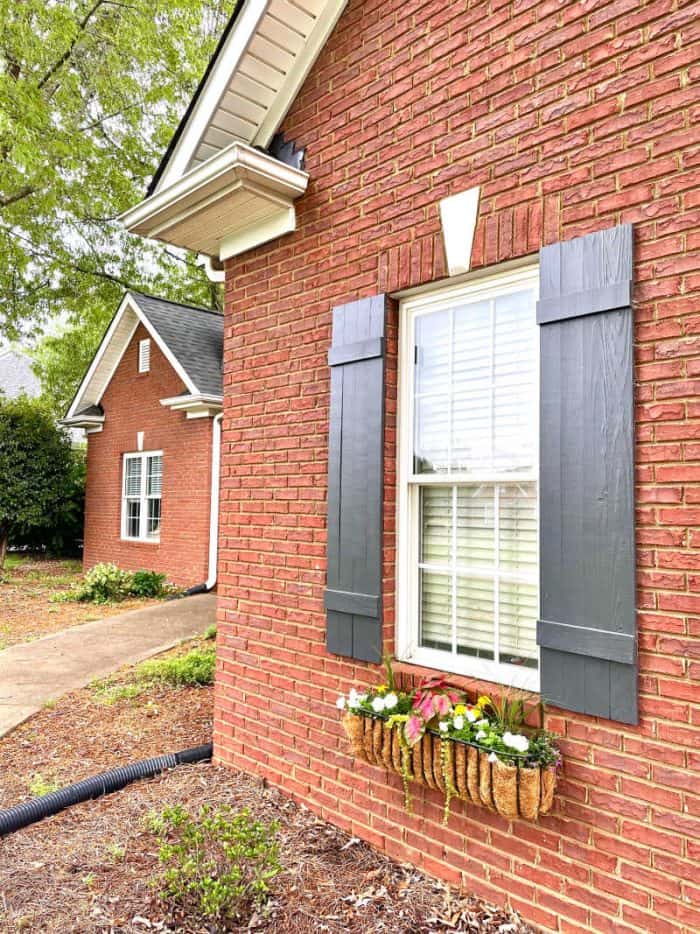 Window Box with DIY Wood Shutters painted Sherwin Williams Black Fox