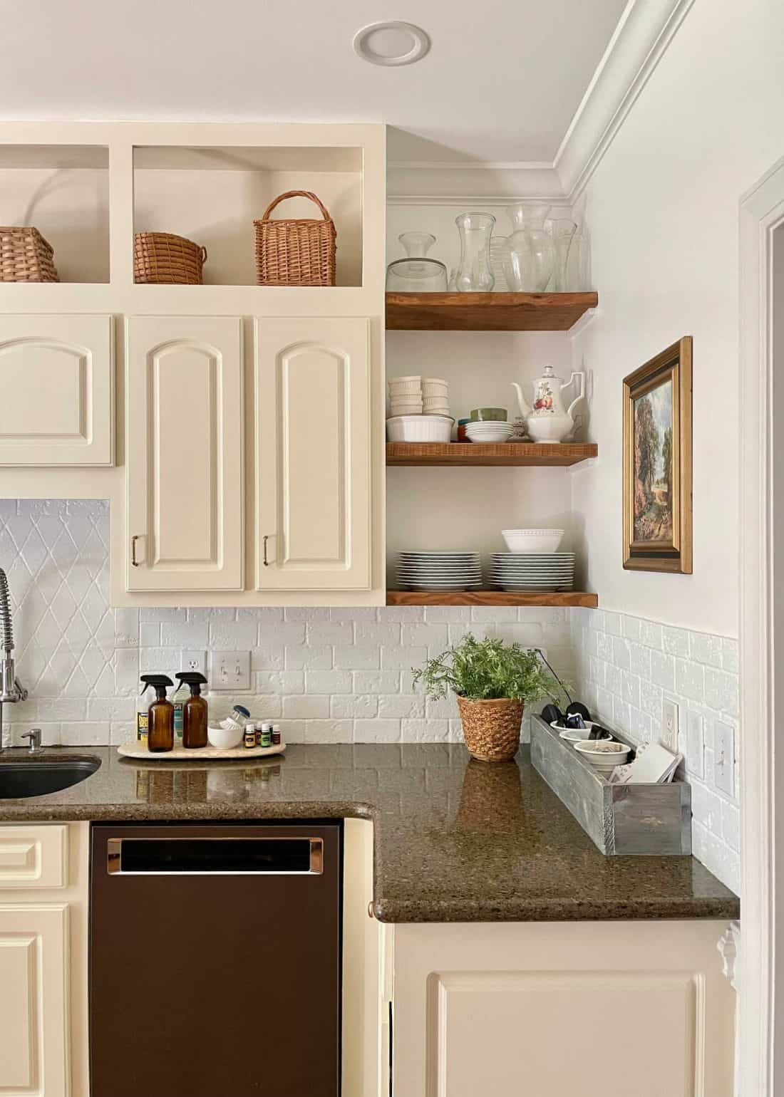 kitchen counter with styled open shelves and cleaning supplies