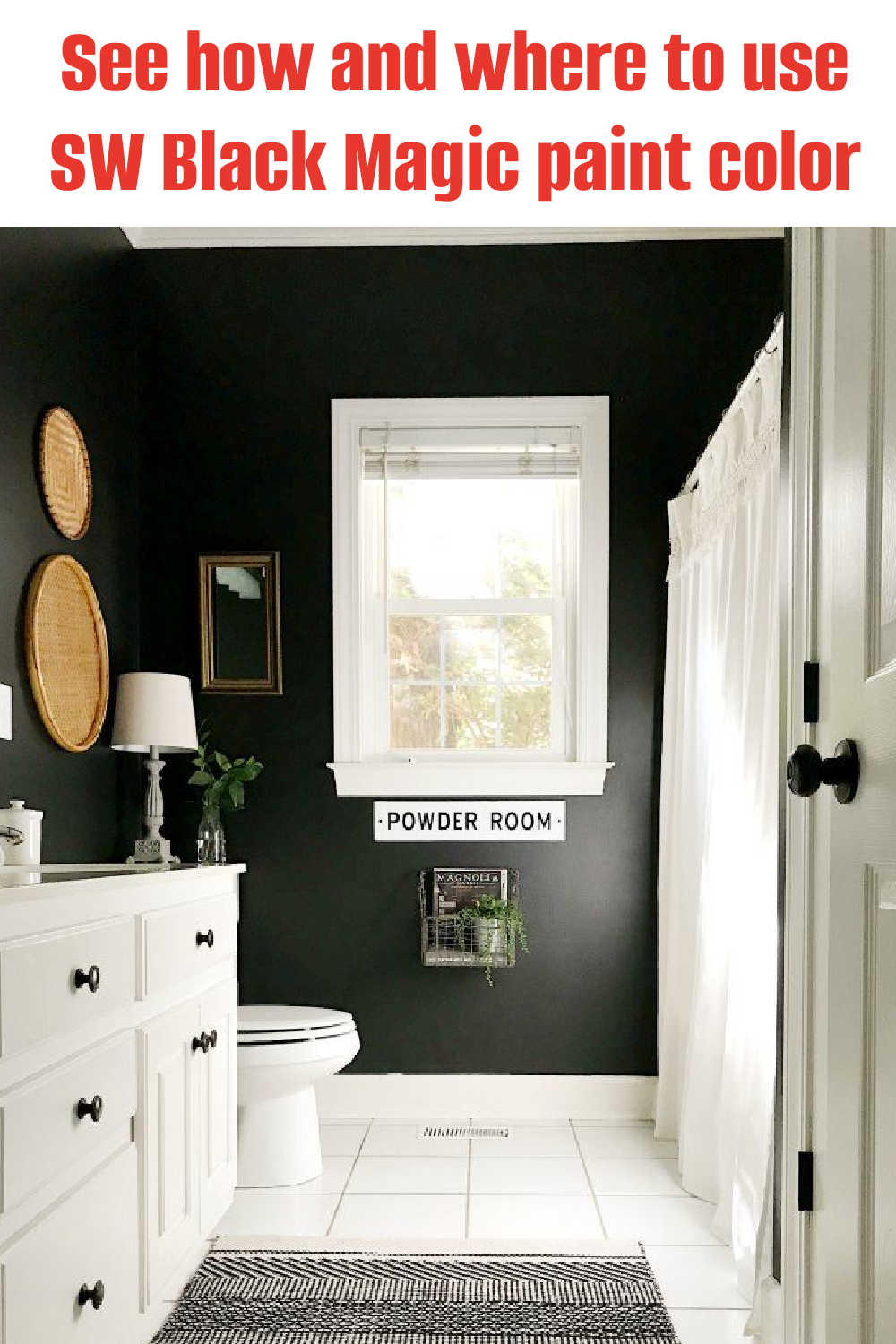 Pinterest graphic showing black bathroom