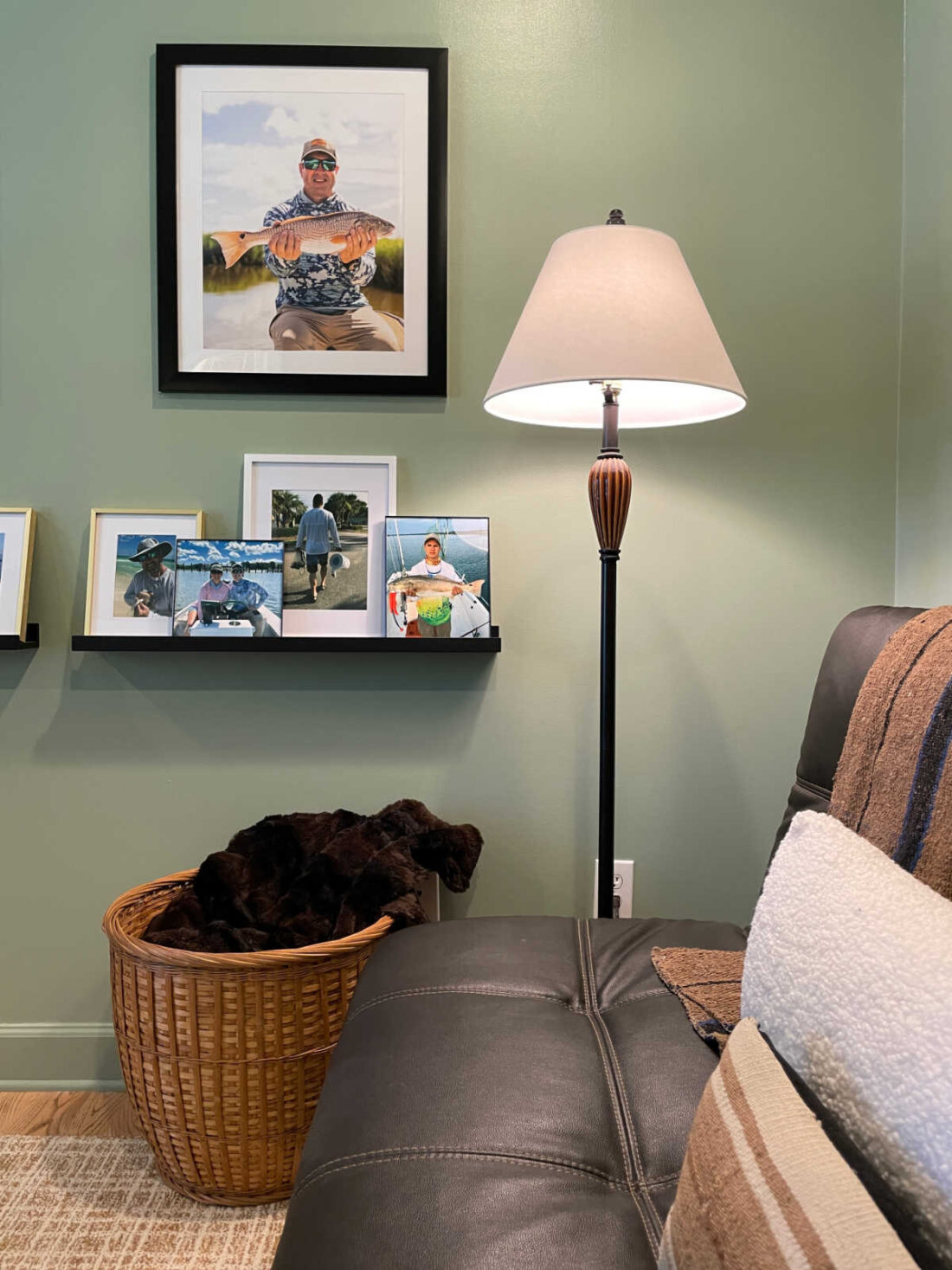 home office walls painted in coastal plain in satin sheen with leather sofa