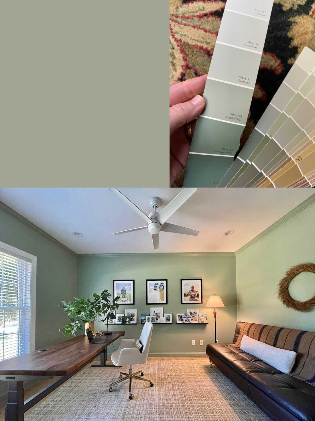 Paint color comparison of coastal plain using home office photo, paint deck and swatch
