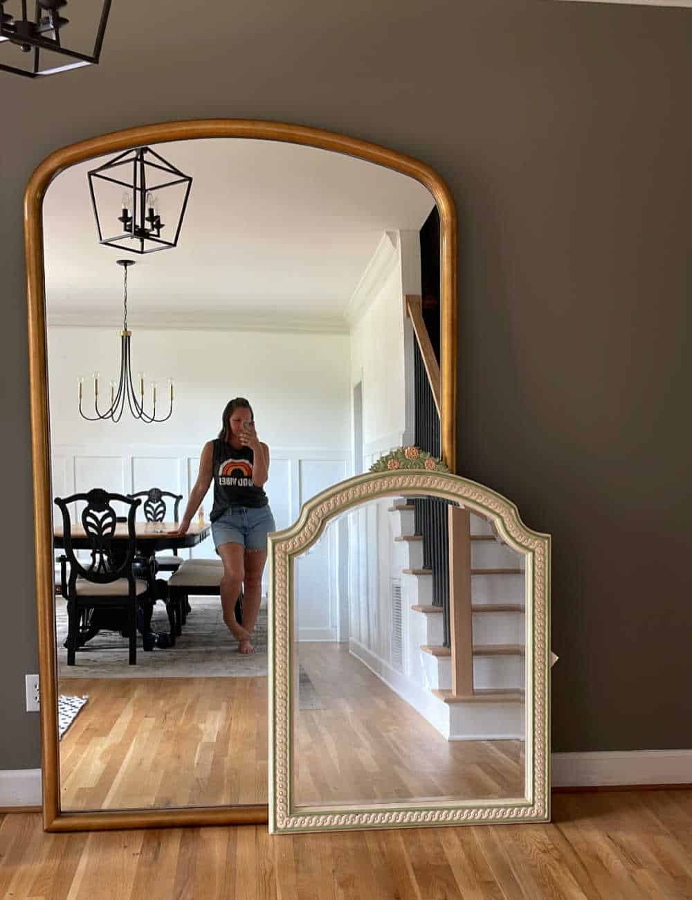 Large floor mirror and smaller dresser mirror before using rub and buff