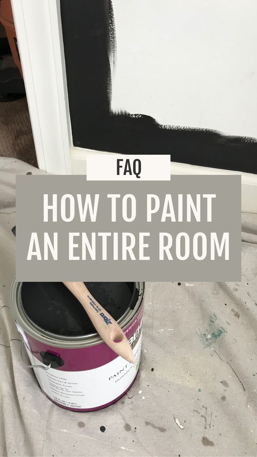 paint can opened, paint brush with black paint, wall cut in painted