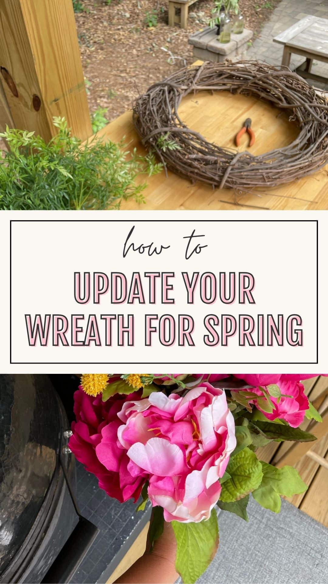 making grapevine wreath with faux greenery and peony flowers