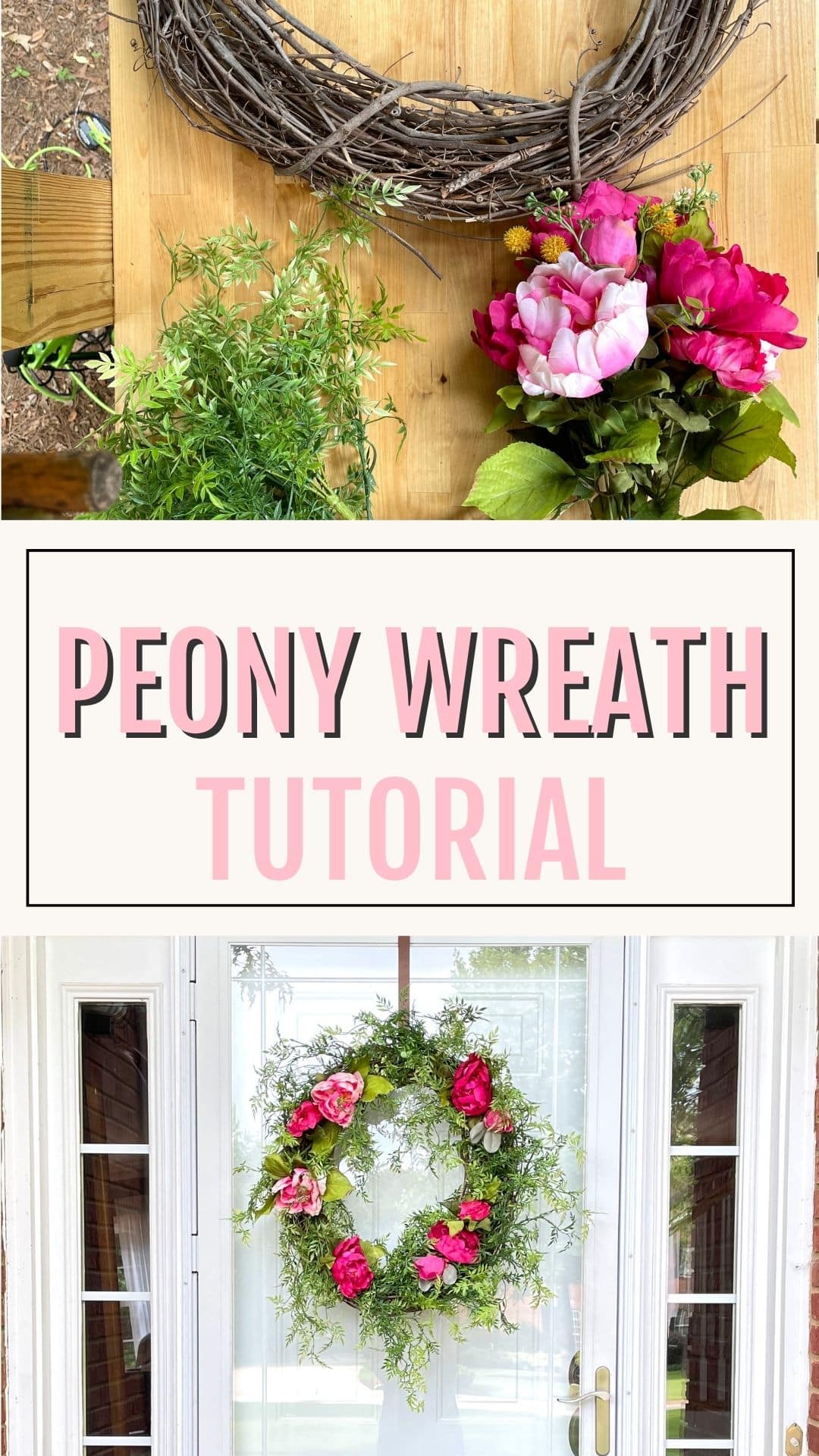 handmade grapevine wreath with faux greenery and peony flowers hanging on front door