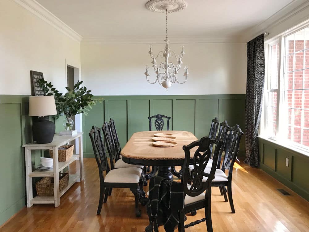 Dining room board and batten painted in SW Oakmoss wall color