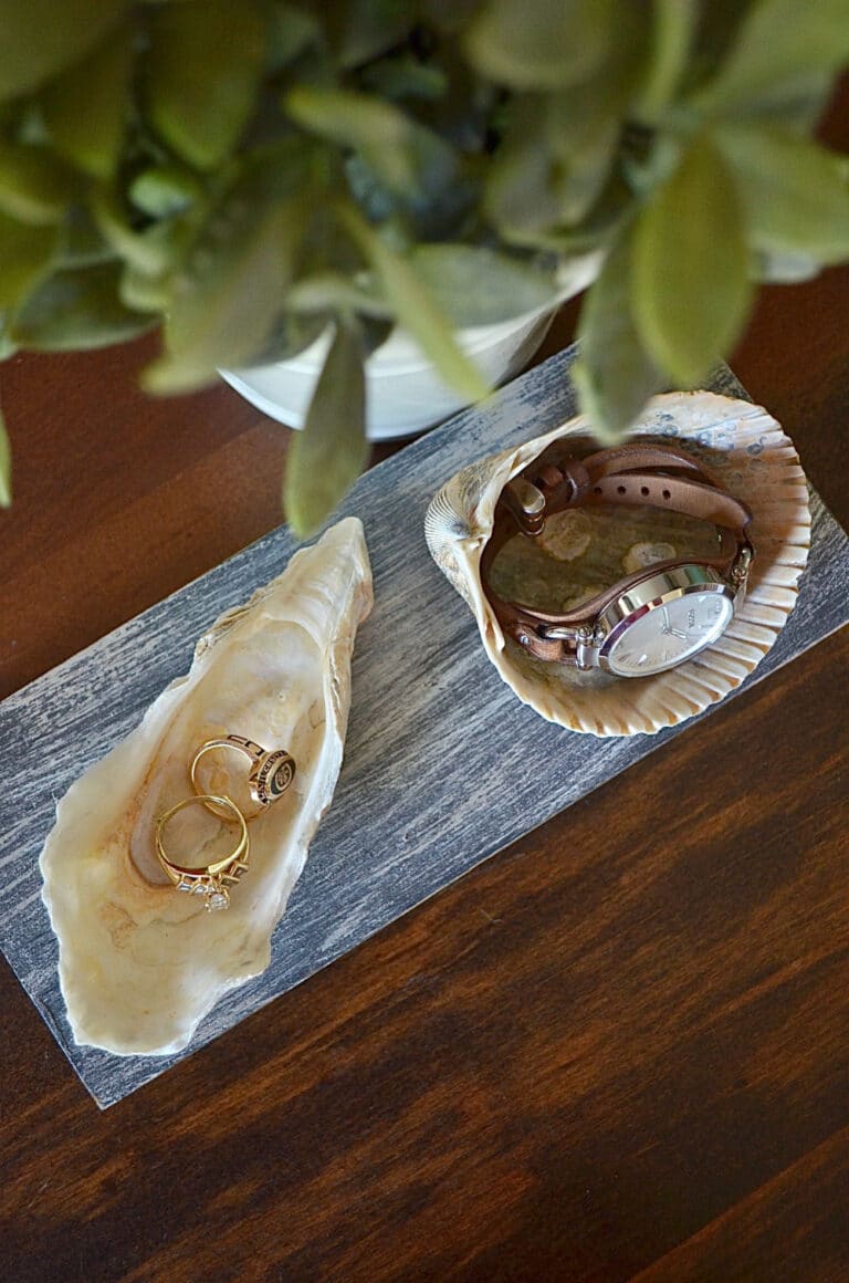 Handmade Seashell Jewelry Dish sitting on a counter