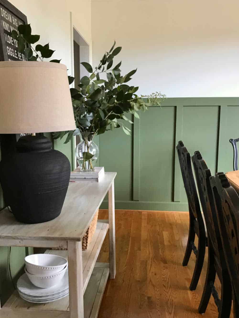 Dining room board and batten walls oakmoss green paint