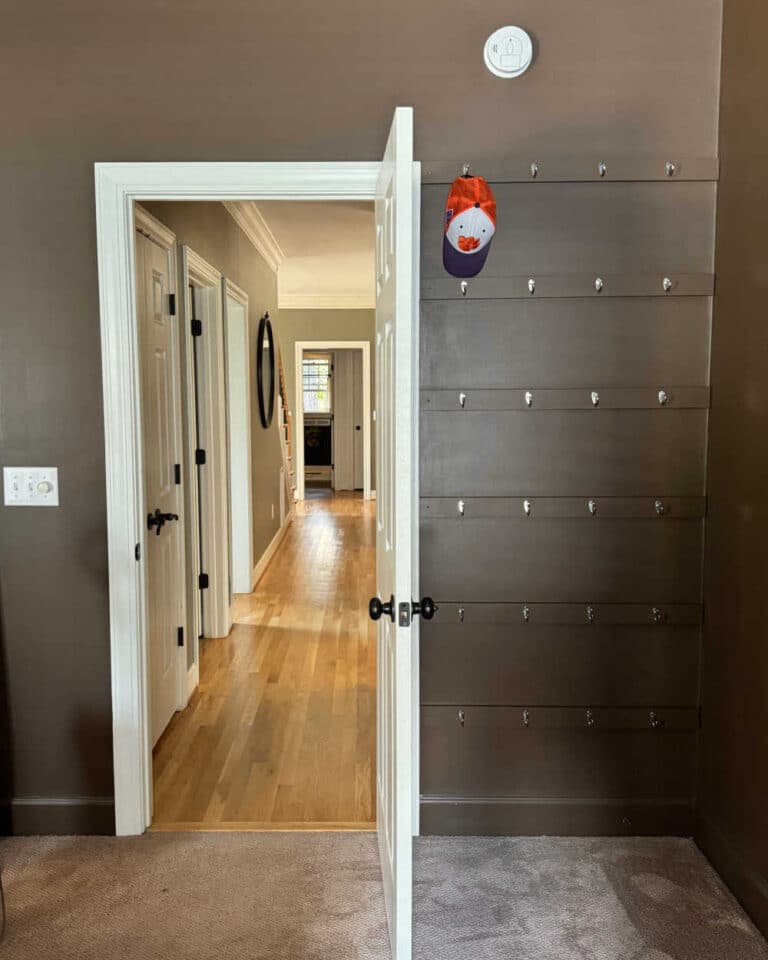 Full view of wall hat organizer built behind the door