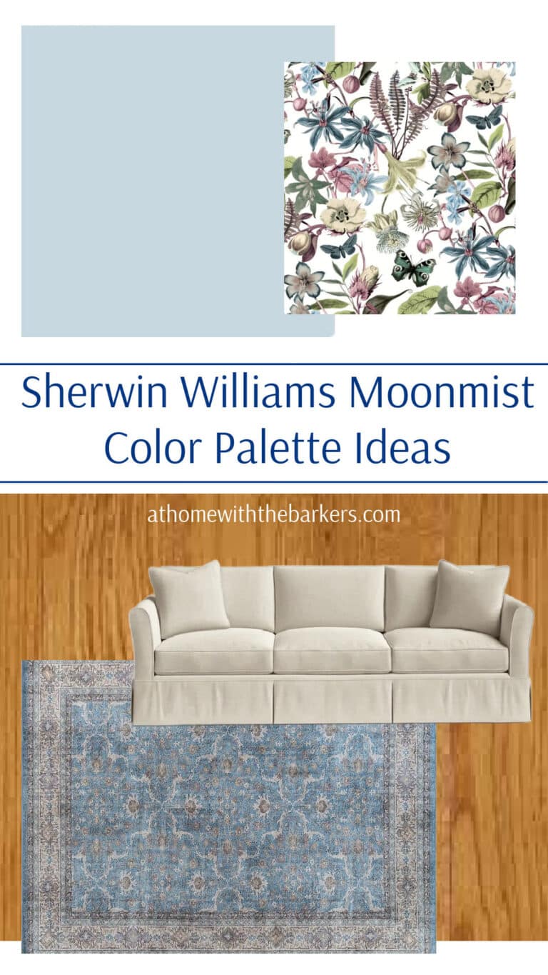 SW Moonmist Color Palette Idea Pinterest Graphic with hardwood floor, rug and butterfly wallpaper