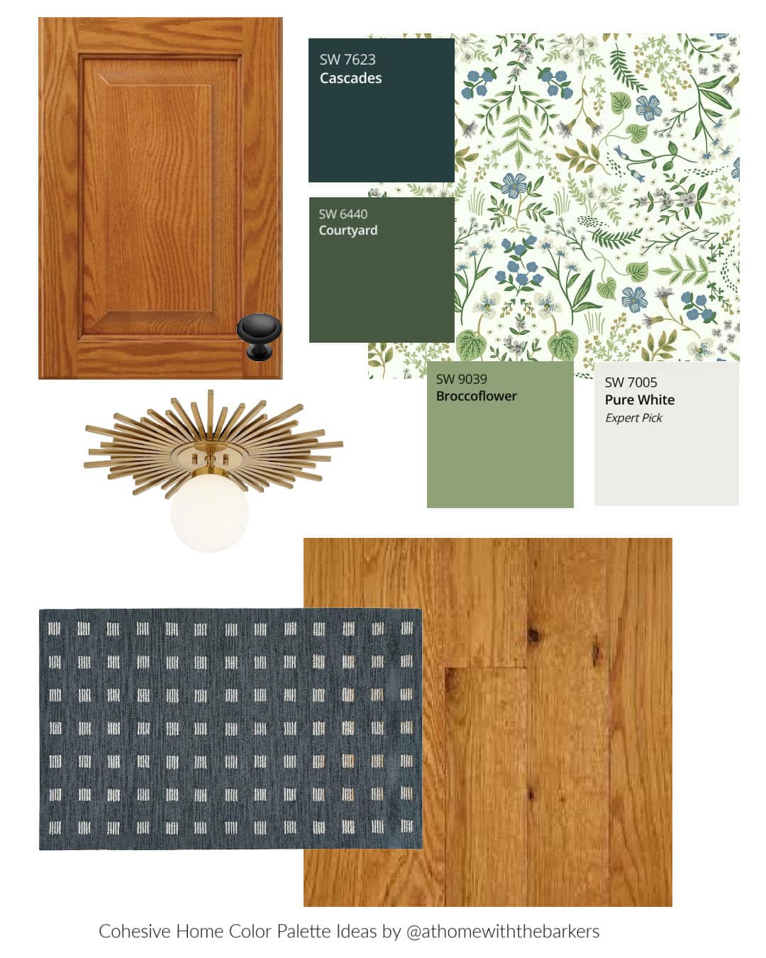 Dark Greens and blue color board with golden oak kitchen cabinets