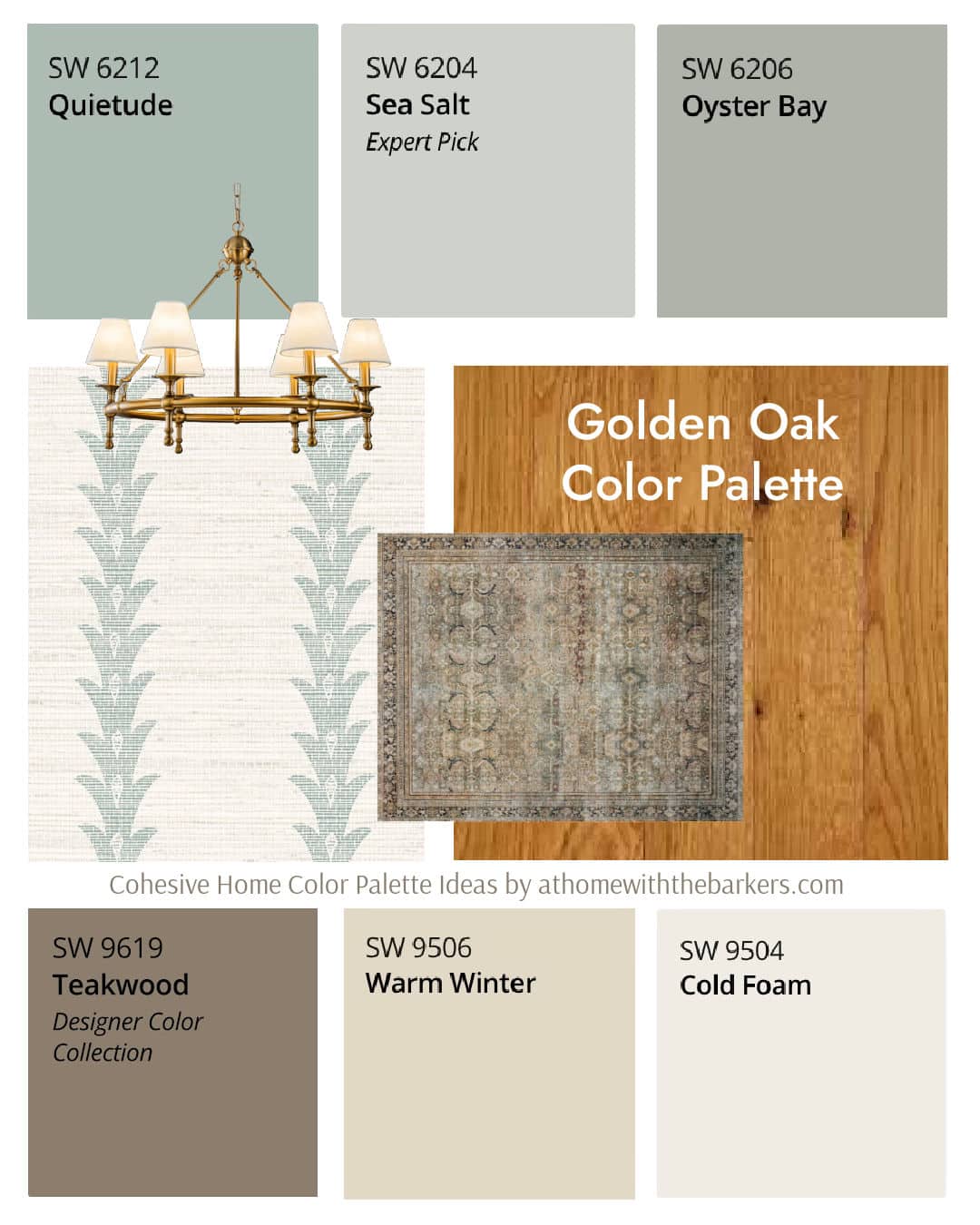 Sherwin Williams Rainwashed interior design board, wallpaper, rug and light fixture with golden oak floors