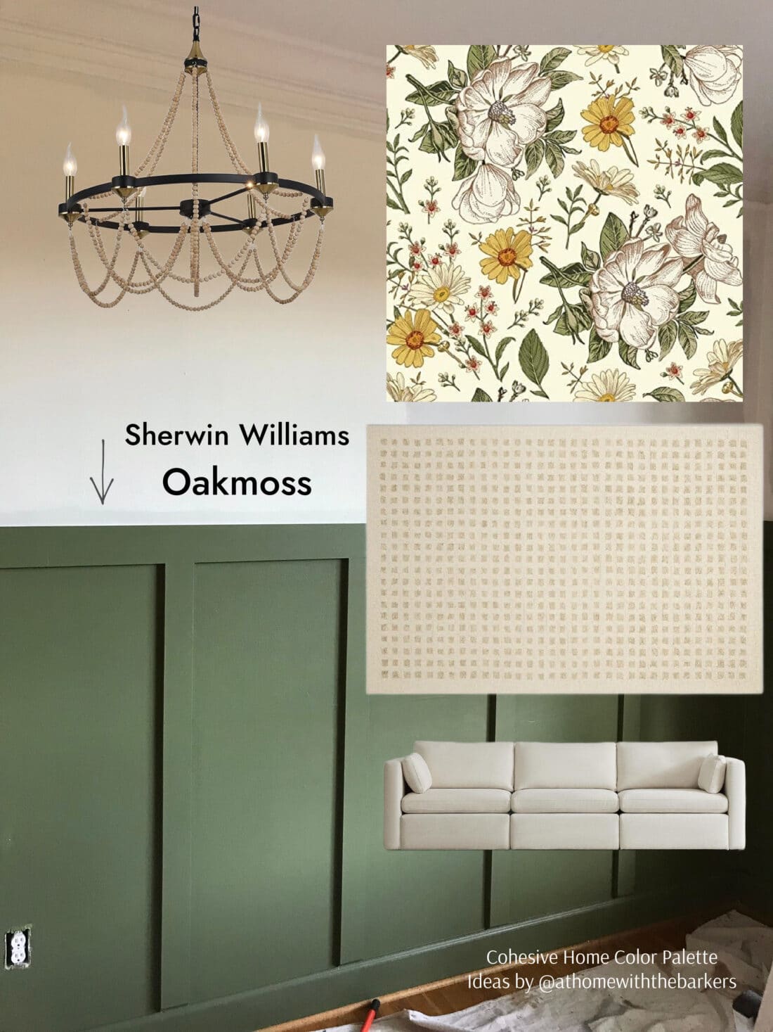 Dining room wall board and batten painted SW Oakmoss with wallpaper, rug, light fixture and sofa ideas