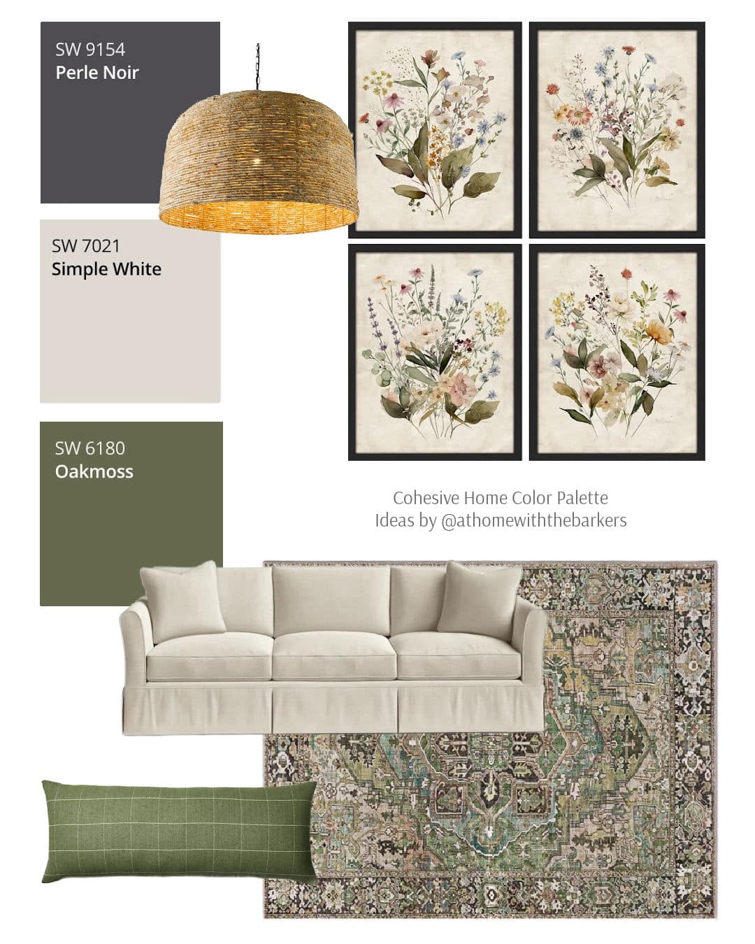 Paint color design board with Sherwin Williams Oakmoss, art, light fixture, sofa and rug