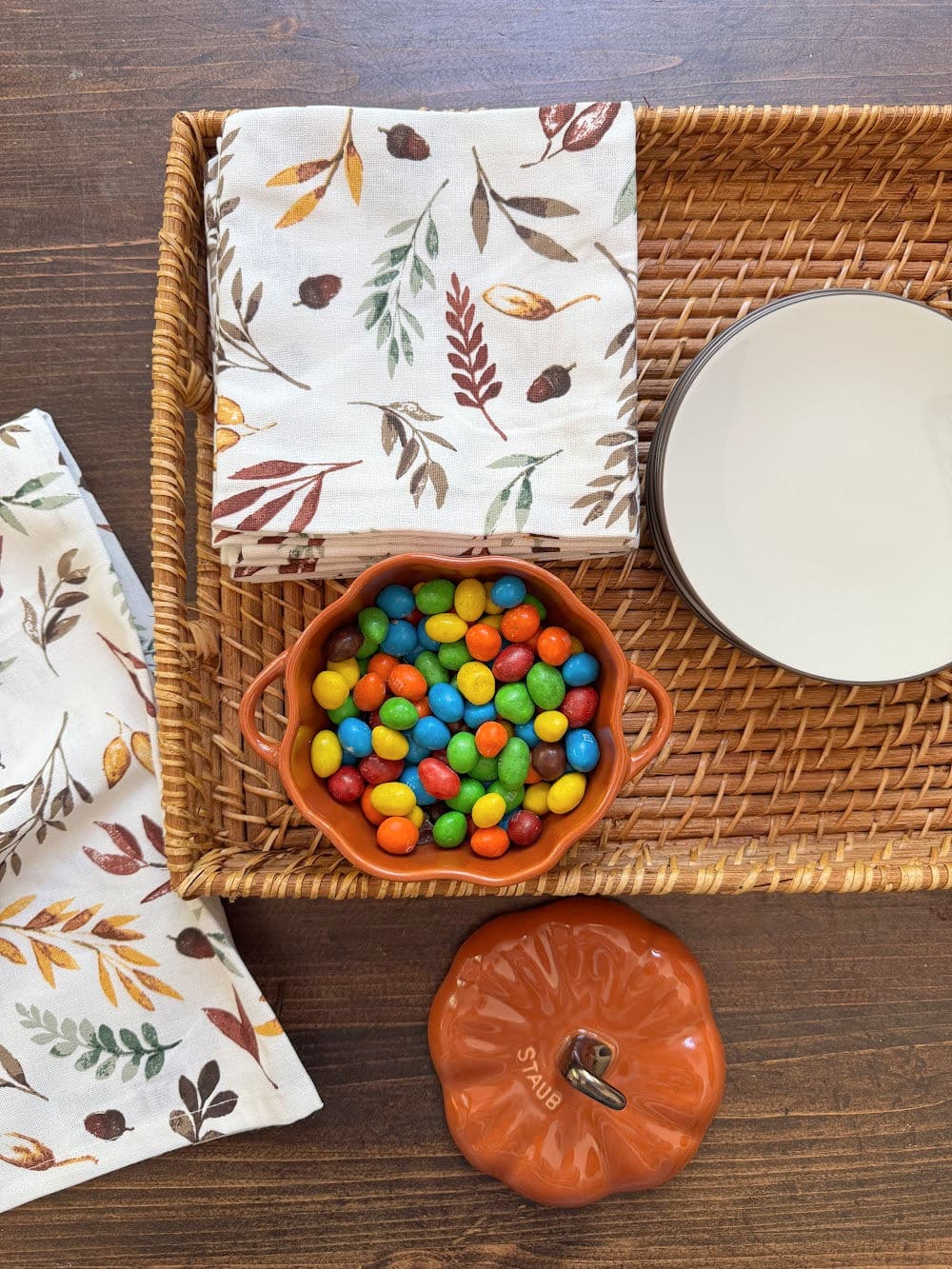 Fall table centerpiece tray, ceramic pumpkin dish, plates and napkins