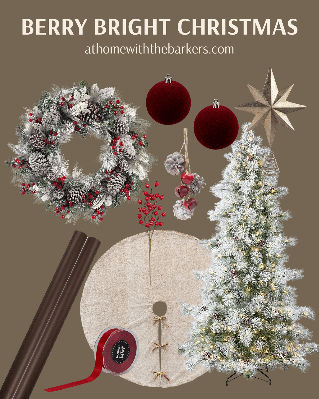 Flocked wreath and matching Christmas decor including red berries