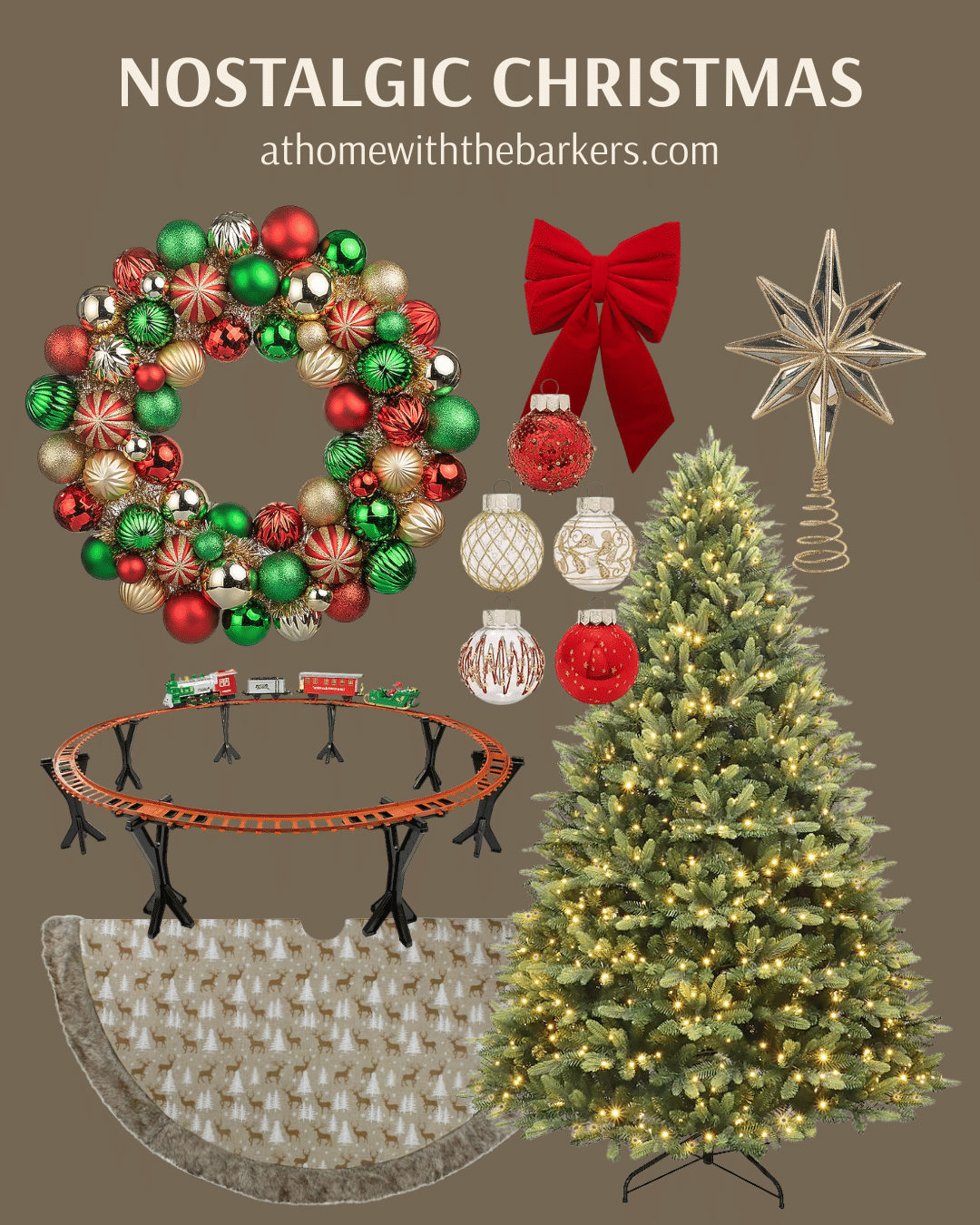 Metallic red, green and gold wreath and matching Christmas decor