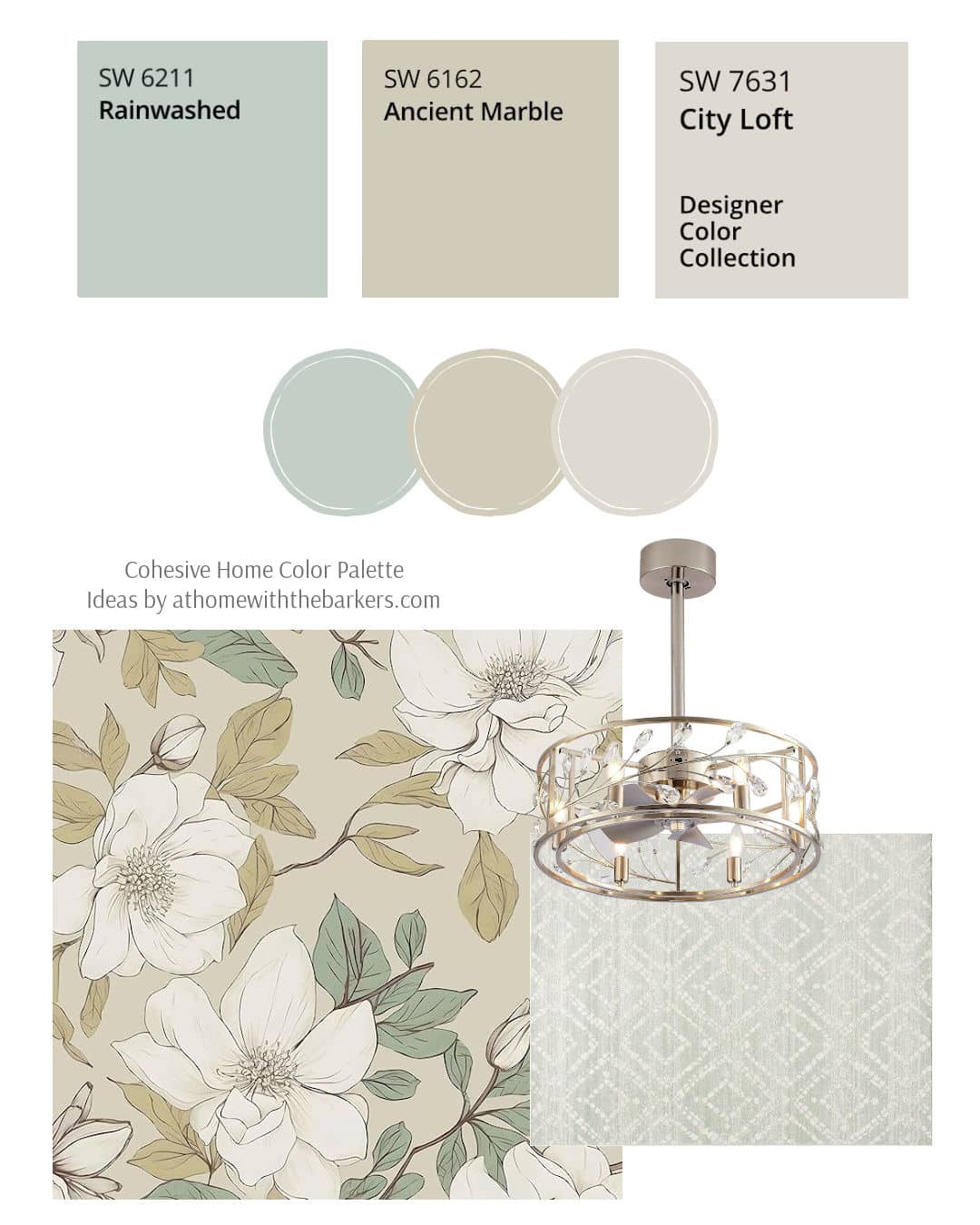 Sherwin Williams Rainwashed interior design board, wallpaper, rug and light fixture