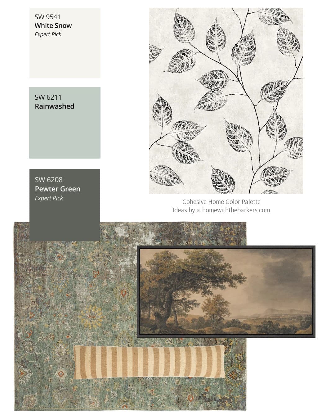 SW Rainwashed, Pewter Green and White Snow color palette and design board