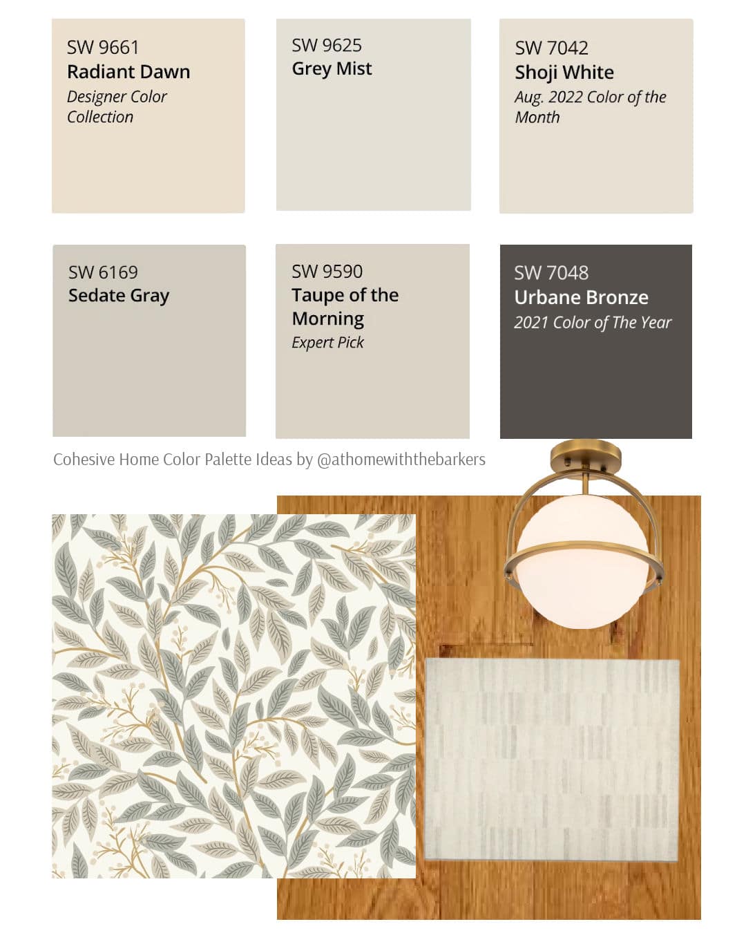 Sherwin Williams Urbane Bronze and light neutrals that work with honey oak floors