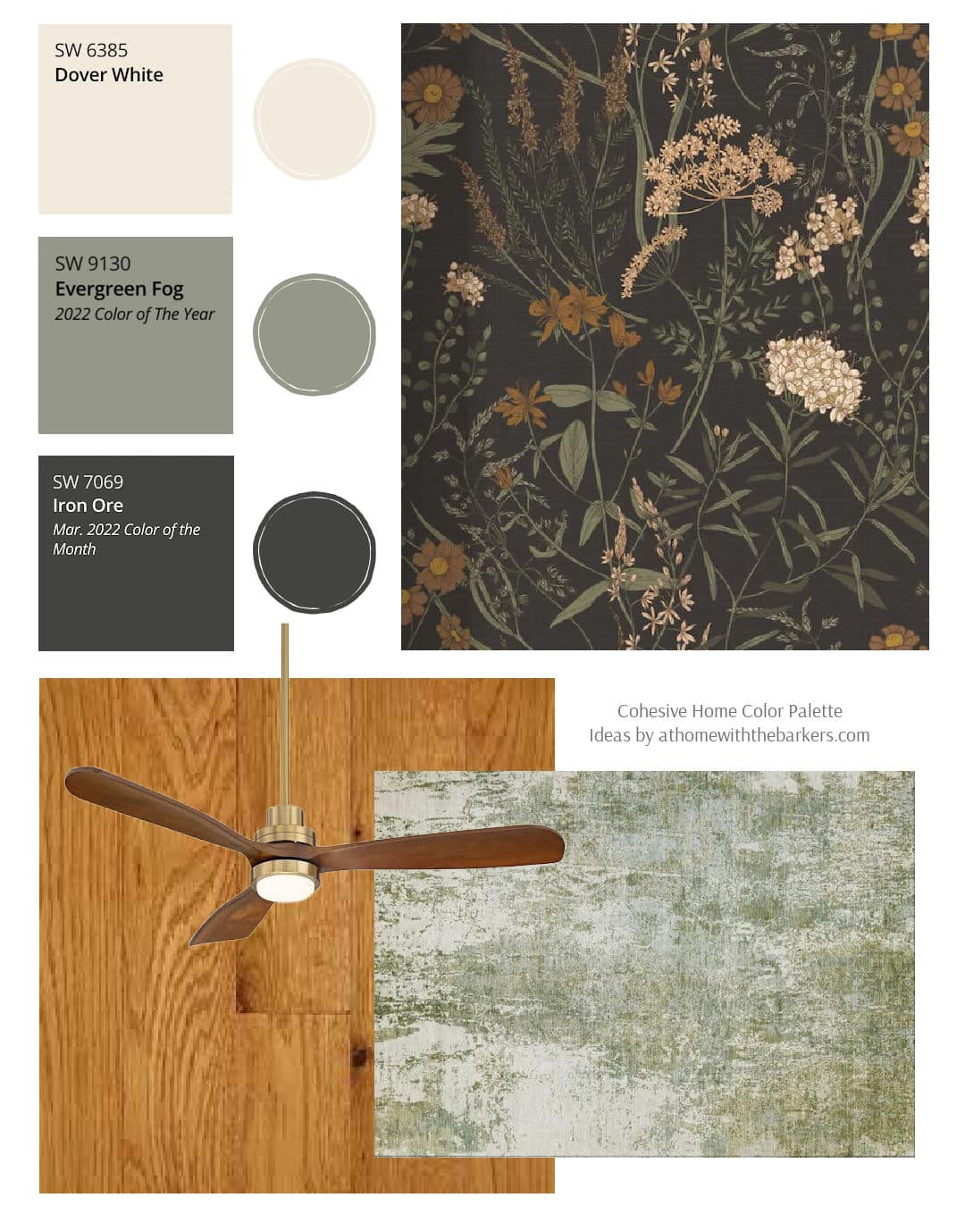 Golden oak, SW Dover White, Evergreen Fog, Iron Ore home color palette design board