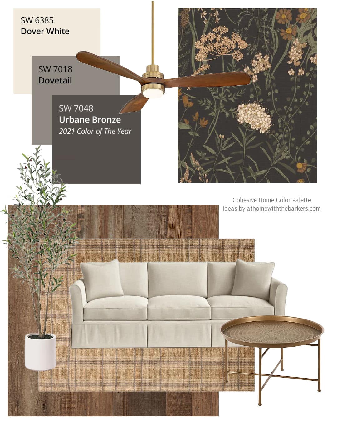 Rustic wood floor with black botanical wallpaper and urbane bronze