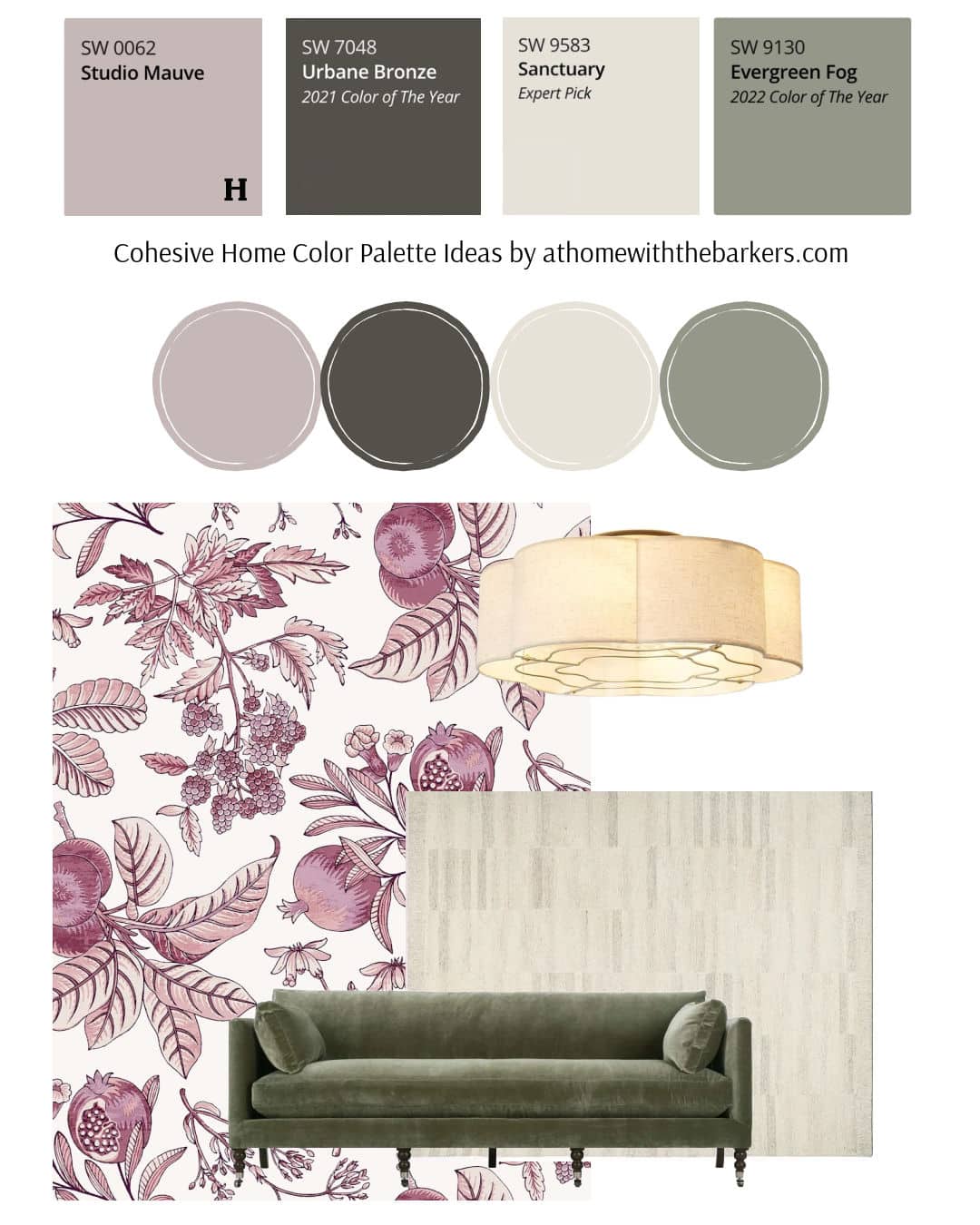 SW Studio Mauve, Urbane Bronze, Evergreen Fog color room design board