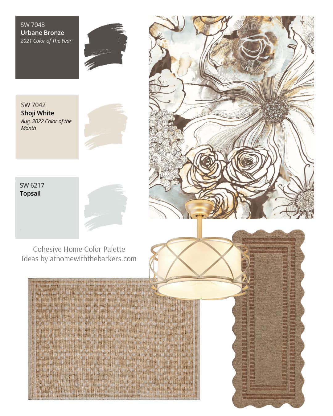 SW Urbane Bronze, Topsail and floral wallpaper