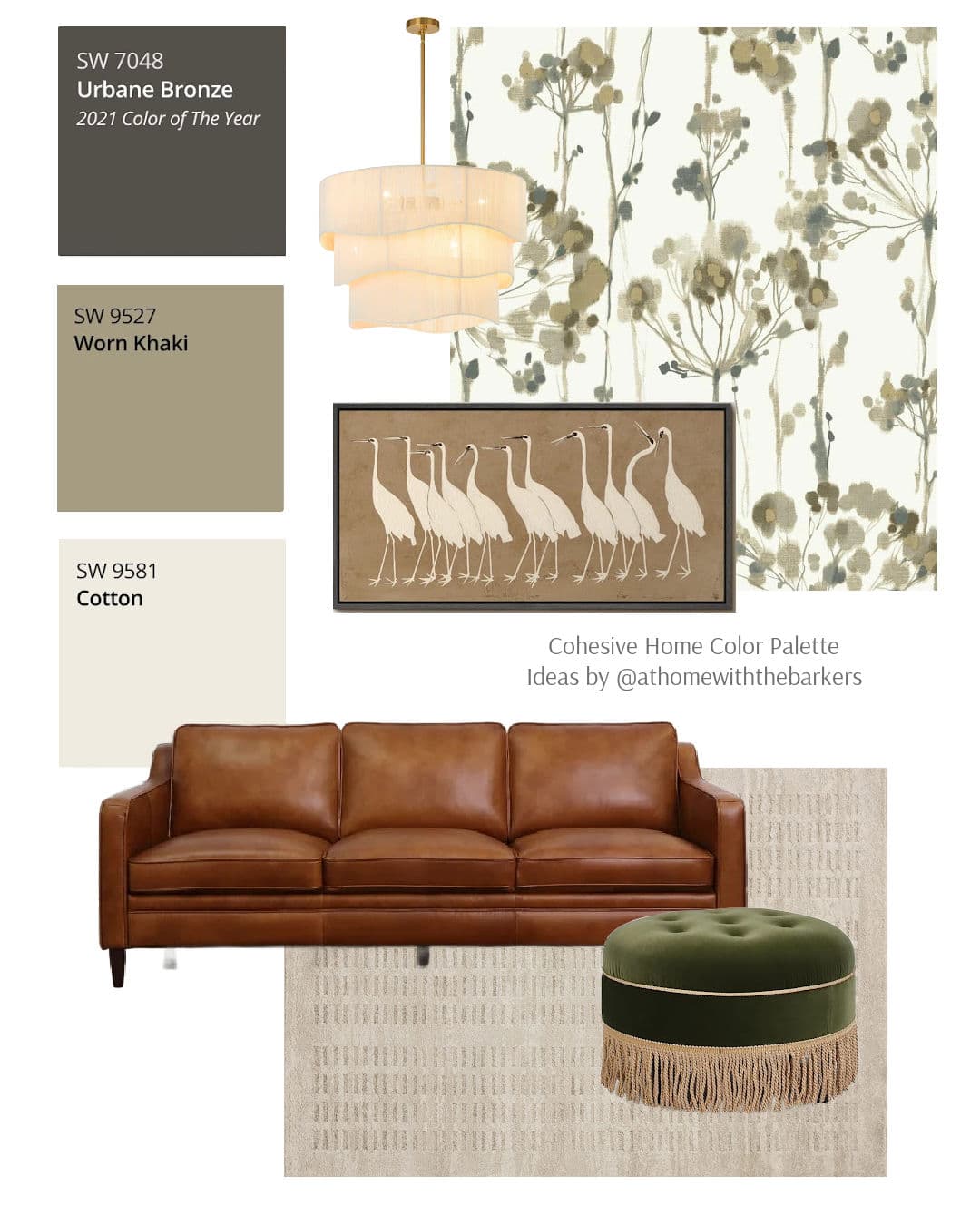 SW Urbane Bronze color palette with leather sofa