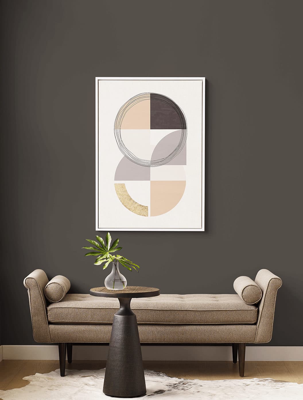 Urbane Bronze painted wall, bench and large abstract art hanging on wall